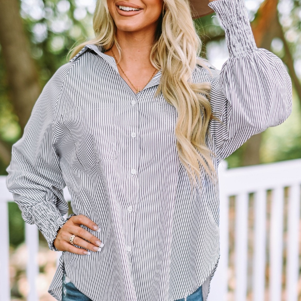 Smocked Cuffed Striped Boyfriend Shirt with Pocket - Picture 4 of 14